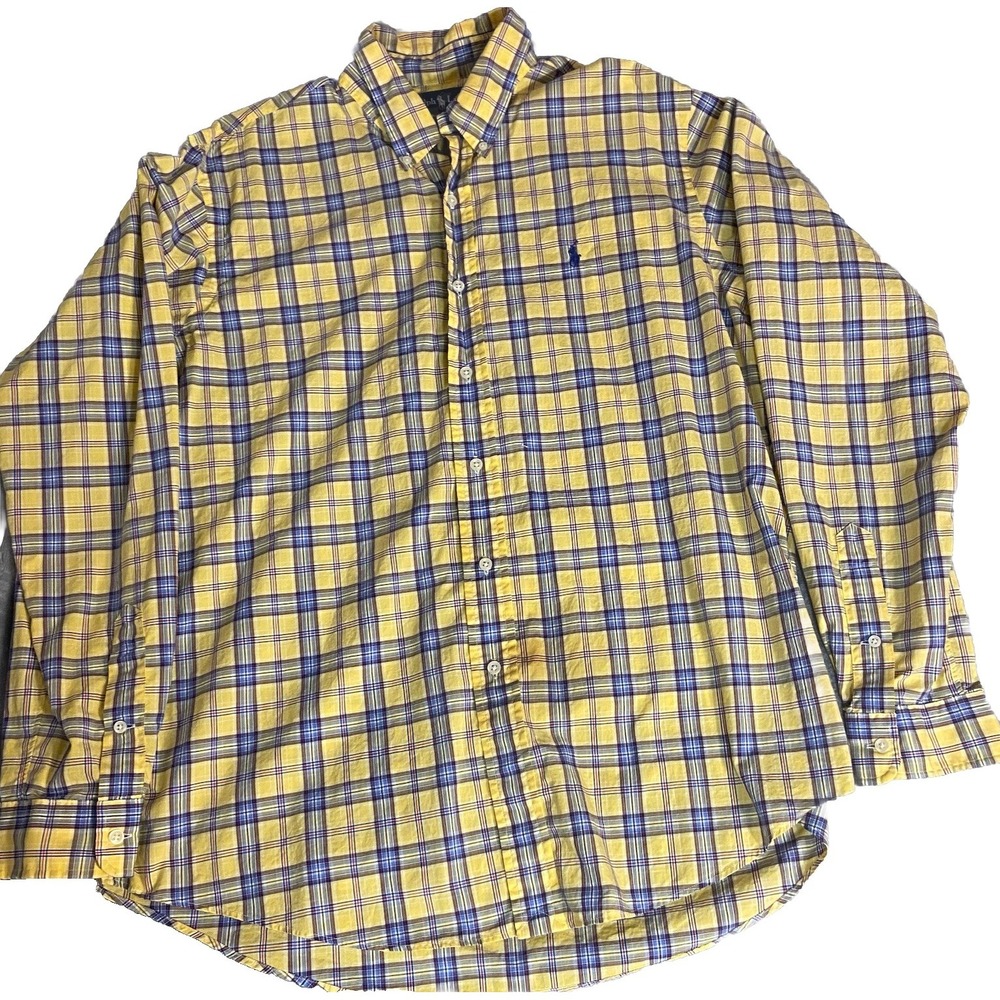 Ralph Lauren Men's Navy Yellow Plaid Classic Dress Shirt Pony X-Large - Picture 1 of 9